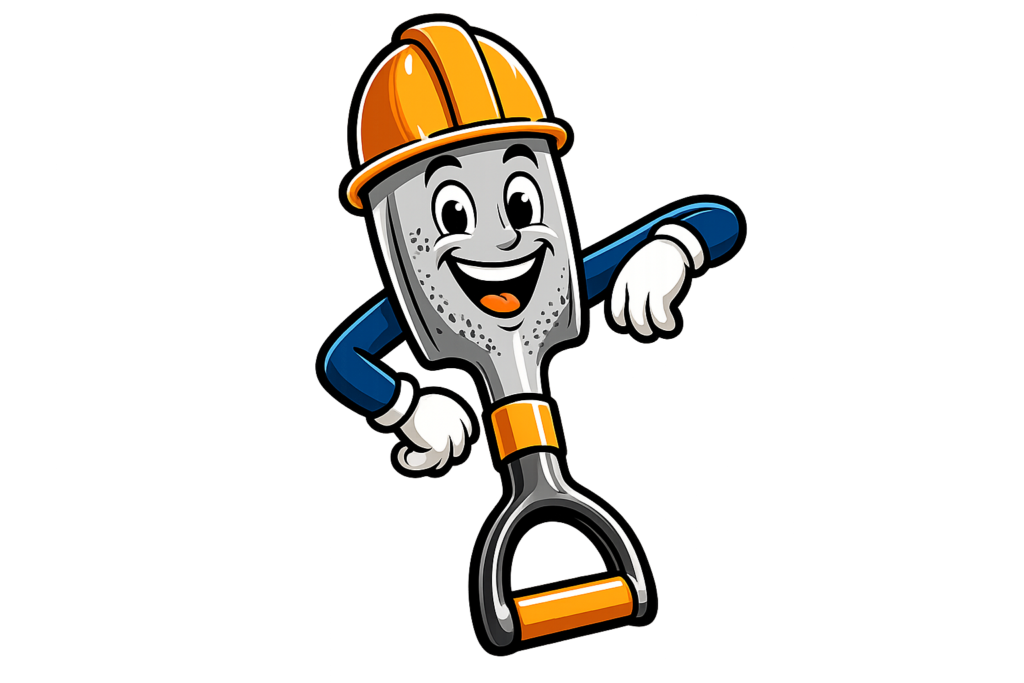 My Gravel Buddy shovel mascot wearing a hard hat
