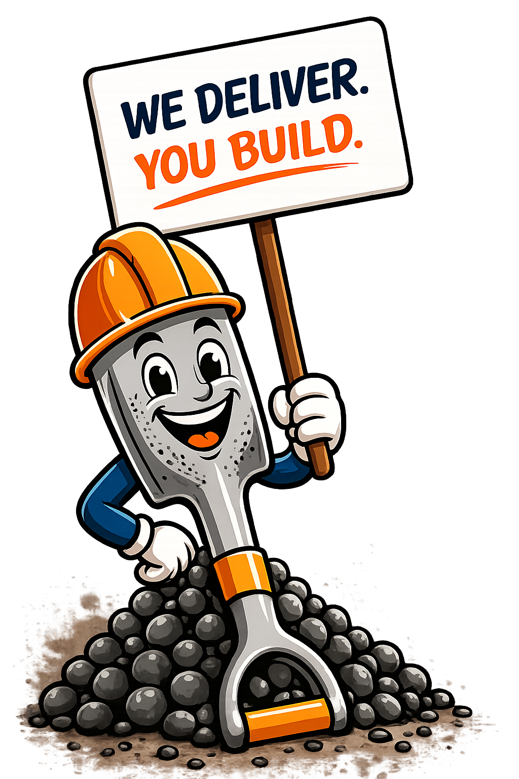 My Gravel Buddy shovel mascot holding a delivery sign on a pile of gravel