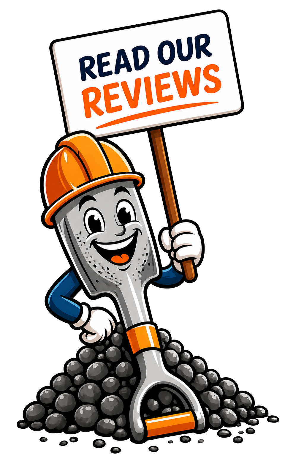 My Gravel Buddy shovel mascot holding a reviews sign on a pile of gravel