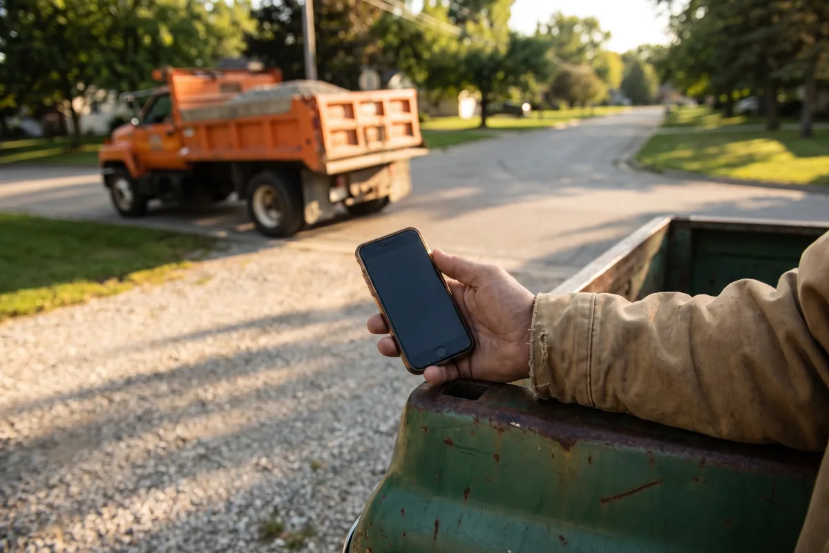 A homeowner with a phone on a driveway as a gravel truck arrives